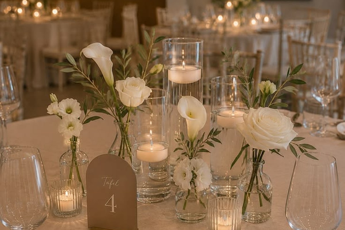 Hochzeitstafel mit klaren Glaswindlichtern und kühlen, hellen Details